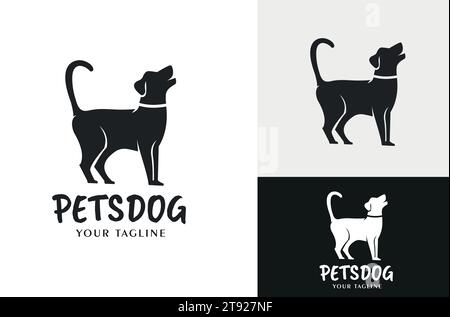 Silhouette of Pet Dog Playing. Illustration design of a dog with a standing tail as a sign of wanting to play black and white background Stock Vector