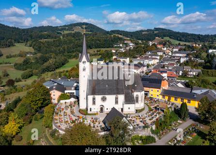 Drone image, view of the village of Pabneukirchen, Muehlviertel region, Upper Austria, Austria Stock Photo