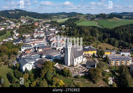 Drone image, view of the village of Pabneukirchen, Muehlviertel region, Upper Austria, Austria Stock Photo