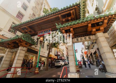 A traditional Chinese-style gate in the bustling Chinatown neighborhood of San Francisco, California. Stock Photo