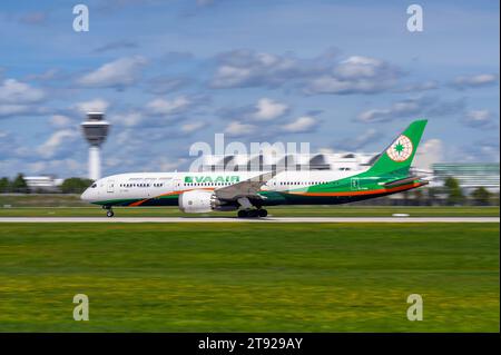 Munich, Germany - September 02. 2023 : EVA Air Boeing 787-9 Dreamliner with the aircraft registration B-17881 is starting on the southern runway 26L o Stock Photo