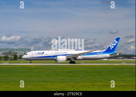 Munich, Germany - September 02. 2023 : All Nippon Airways Boeing 787-9 Dreamliner with the aircraft registration JA877A is starting on the southern ru Stock Photo