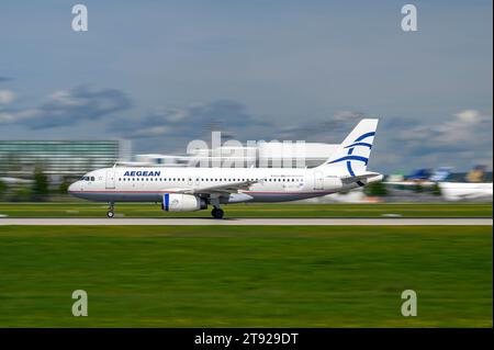 Munich, Germany - September 02. 2023 : Aegean Airlines Airbus A320-232 with the aircraft registration SX-DVT is starting on the southern runway 26L of Stock Photo