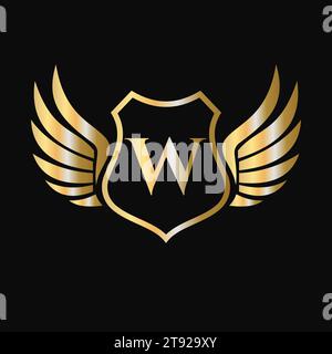 Win Logo On Letter W With Shield Symbol. Transportation Logotype Stock Vector