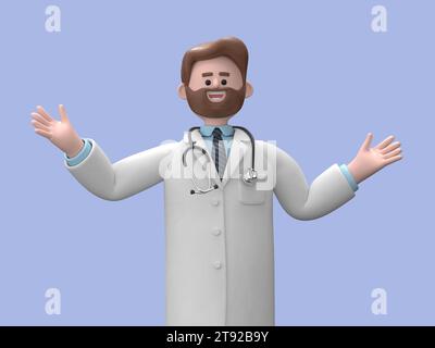 3D illustration of Male Doctor Iverson shows inviting gesture. Happy professional caucasian male specialist.Medical presentation clip art isolated on Stock Photo