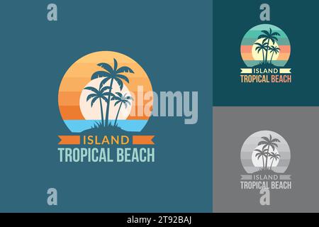 Tropical island logo with three palm trees on the coastline vector illustration Stock Vector
