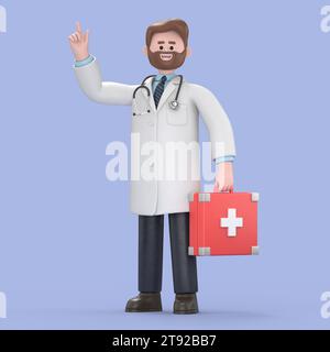 3D illustration of Male Doctor Iverson holds red case first aid kit.Medical presentation clip art isolated on blue background. Stock Photo