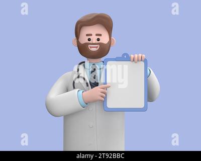 3D illustration of Male Doctor Iverson holds blue clipboard with blank document.Health insurance. Professional therapist, hospital assistant.Medical p Stock Photo