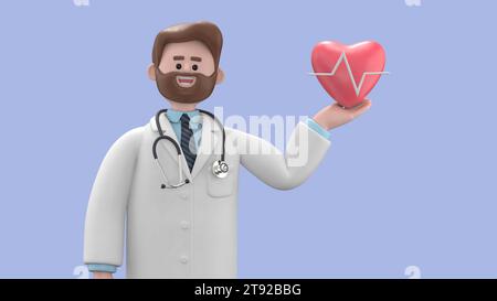 3D illustration of Male Doctor Iverson. Cardiologist shows red heart symbol. Medical application concept.Medical presentation clip art isolated on blu Stock Photo