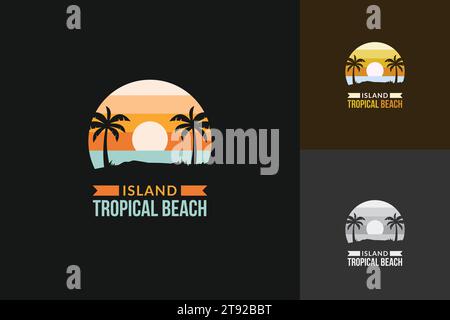 Tropical beach logo at sunset with two palm trees near the coastline of a tropical island Stock Vector