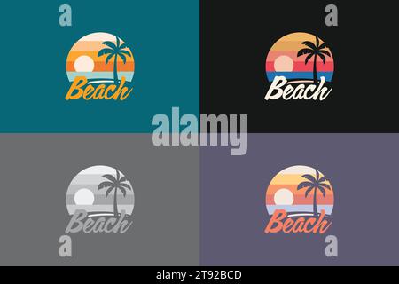 Beach logo illustration design with a palm tree on a tropical island at sunset Stock Vector