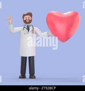 3D illustration of Male Doctor Iverson with heart shape.Medical presentation clip art isolated on blue background. Stock Photo