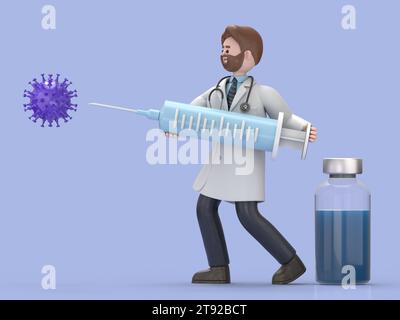 3D illustration of Male Doctor Iverson fights Coronavirus infection. Vaccine against covid-19 virus inside big syringe.Medical presentation clip art i Stock Photo