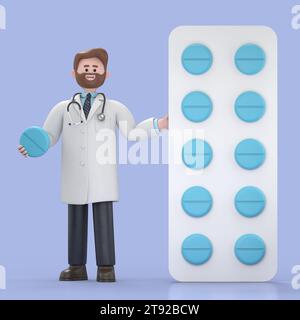 3D illustration of Male Doctor Iverson stands near the big pack of yellow pills. Pharmacist holding one round pill.Medical presentation clip art isola Stock Photo