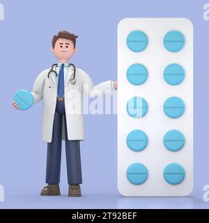 3D illustration of Male Doctor Lincoln stands near the big pack of yellow pills. Pharmacist holding one round pill.Medical presentation clip art isola Stock Photo