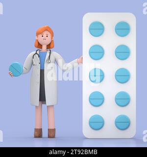 3D illustration of Female Doctor Nova stands near the big pack of yellow pills. Pharmacist holding one round pill.Medical presentation clip art isolat Stock Photo