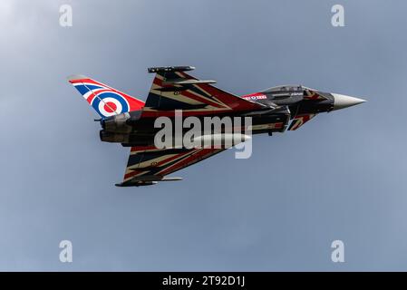 Patriotic RAF Eurofighter Typhoon FGR4 fighter jet over London Southend Airport, Essex, UK. Royal Air Force fighter jet plane flying for airshows Stock Photo