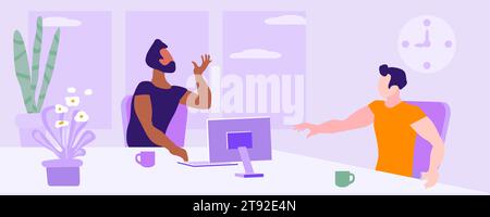 Emotional men at work. Workplace. Emotional conversation. Vector illustration, Not AI, hand drawn Stock Vector