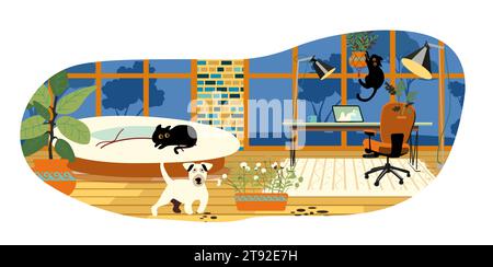 Office facilities and design isolated cartoon vector illustrations set. Funny black cats in the room play and hide in indoor plants. Retro style 60s, 70s. Pet friendly. Bright interior with large windows and wooden floors, Not AI, hand drawn Stock Vector