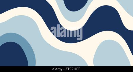 Abstract retro background with colorful waves. Trendy vector illustration in groovy style 60s-70s. Pastel and navy blue colors Stock Vector