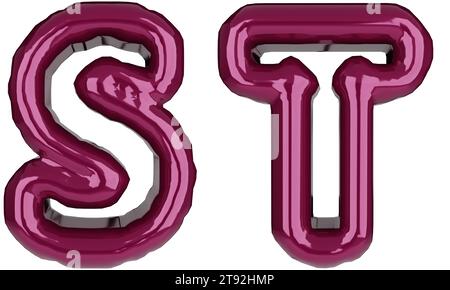 Glossy inflated red color letter S, T  uppercase illustration. 3D render of latex bubble burgundy font with glint. Graphic type, typography, ABC clipa Stock Photo