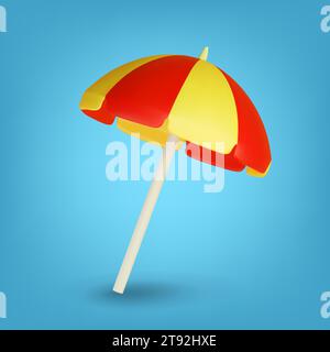 3d vector striped yellow and red umbrella. Illustration icon of sun umbrella for sunbathing on the beach. Stock Vector