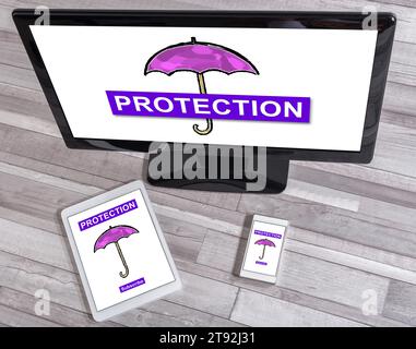 Protection concept shown on different information technology devices Stock Photo