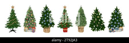 Set of Christmas tree with ornaments, lights, gift Stock Vector