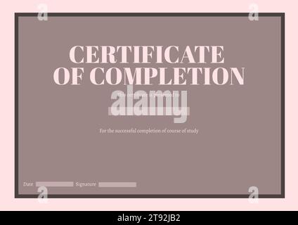 Certificate of completion text in pink, space for name, date and signature on brown with frame Stock Photo