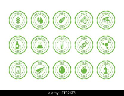 Product free allergen labels. Natural products badges. GMO free emblems. Organic stickers. Healthy eating. Vegan, bio food. Vector illustration. Stock Vector