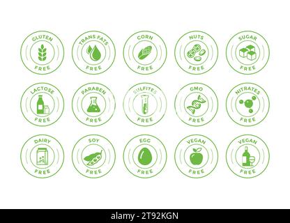 Food allergen line icon set. Gluten free, sugar, lactose, hormone, without peanut, no soy, fat minimal vector illustration. Simple outline sign for me Stock Vector