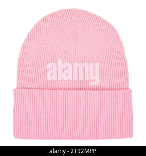Pink knitted bobble hat isolated on white background Stock Photo