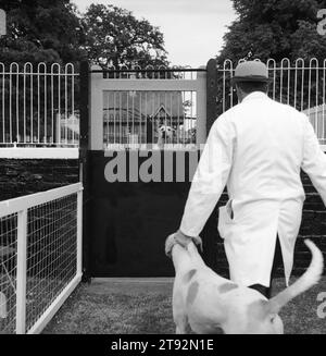 Kennel man takes a hound back into its kennel at the Duke of Beauforts Hunt annual puppy show at Badminton House, Badminton Gloucestershire. Badminton, Gloucestershire England UK 2002 2000s HOMER SYKES Stock Photo