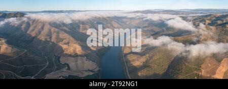 Aerial view of the terraced vineyards in romantic sunset in the Douro Valley near the village of Pinhao. Concept for travel in Portugal Stock Photo