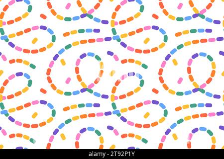 Naive seamless dotted squiggle pattern with bright colored wavy lines on a light background. Creative abstract squiggle style drawing background Stock Vector