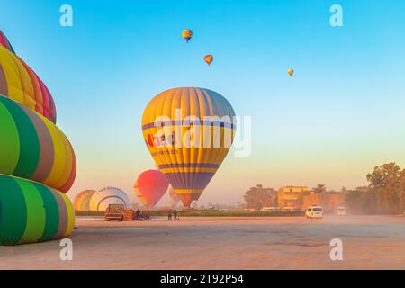 Balloons are inflated before flying. Luxor, Egypt - October 21, 2023. Stock Photo