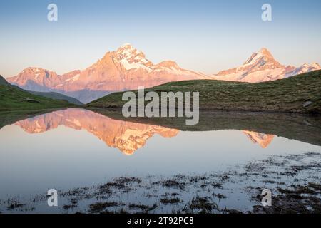 Panorama of Mt. Schreckhorn and Wetterhorn. Popular tourist attraction. Place location Bachalpsee in the Swiss Alps Bernese Oberland, Grindelwald Stock Photo