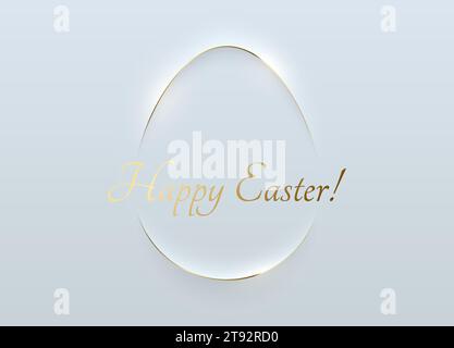 Easter minimalist greeting card white soft 3D egg shape abstract frame gold line design. Happy Easter golden text. Vector design white background Stock Vector