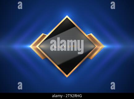 Gold edge rhomb logo frame, glossy black center. Luxury frame, golden brackets border blue background. Abstract rectangle vector glow light wave Stock Vector