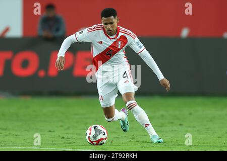 Lima, Peru. 21st Nov, 2023. Marcos Lopez of Peru during the FIFA 2024 World Cup qualifying round match between Peru and Venezuela played at Nacional de Lima Stadium on November 21 in Lima, Peru. (Photo by Miguel Marrufo/PRESSINPHOTO) Credit: PRESSINPHOTO SPORTS AGENCY/Alamy Live News Stock Photo