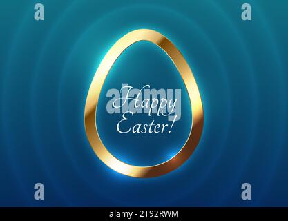 Easter luxury greeting card blue 3D egg shape golden abstract frame design. Happy Easter white text. Vector design blue wave background. Luxury minima Stock Vector