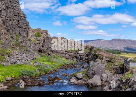 Blaskogabyggo, Iceland - July 27, 2023 Landscape view of the Drowning Pool or Drekkingarhylur, located in Thingvellir National Park, located in southw Stock Photo