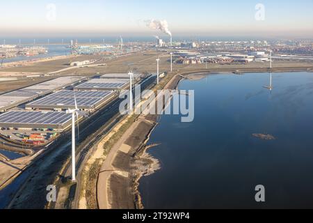 Maasvlakte Rotterdam, The Netherlands - December 14, 2022: Aerial view Industrial area Maasvlakte in the Port of Rotterdam. Chemical plant at horizon Stock Photo