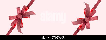 Shiny red gift ribbon and bow isolated on colored background. Flat lay with copy space Stock Photo