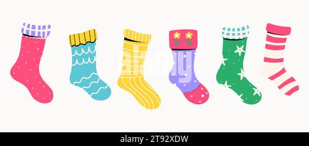 Set of baby socks with different textures and patterns. Vector illustrations Stock Vector