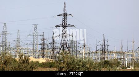 Busbar, support and distribution equipment. High voltage transformer substation. High voltage substation with circuit breakers and disconnectors of hy Stock Photo