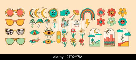 Set of groovy hippie stickers with colorful mushrooms, moon, flower, eyes, sunglasses and more. Retro trippy vector art Stock Vector