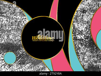 Minimal abstract pastel wavy grunge deluxe background with golden curves and black circle. Vector design Stock Vector