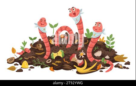 Cartoon funny earth worm characters eating compost or bio organic wastes, vector background. Vermicomposting poster with earthworms in soil humus eat compostable organic garbage or bio food scraps Stock Vector