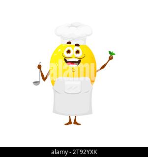 Cartoon chef lemon character holding cooking utensils. Isolated vector citrus fruit personage smiling, wearing chef hat and apron, holding fresh greenery ingredients, cook delicious meals on kitchen Stock Vector